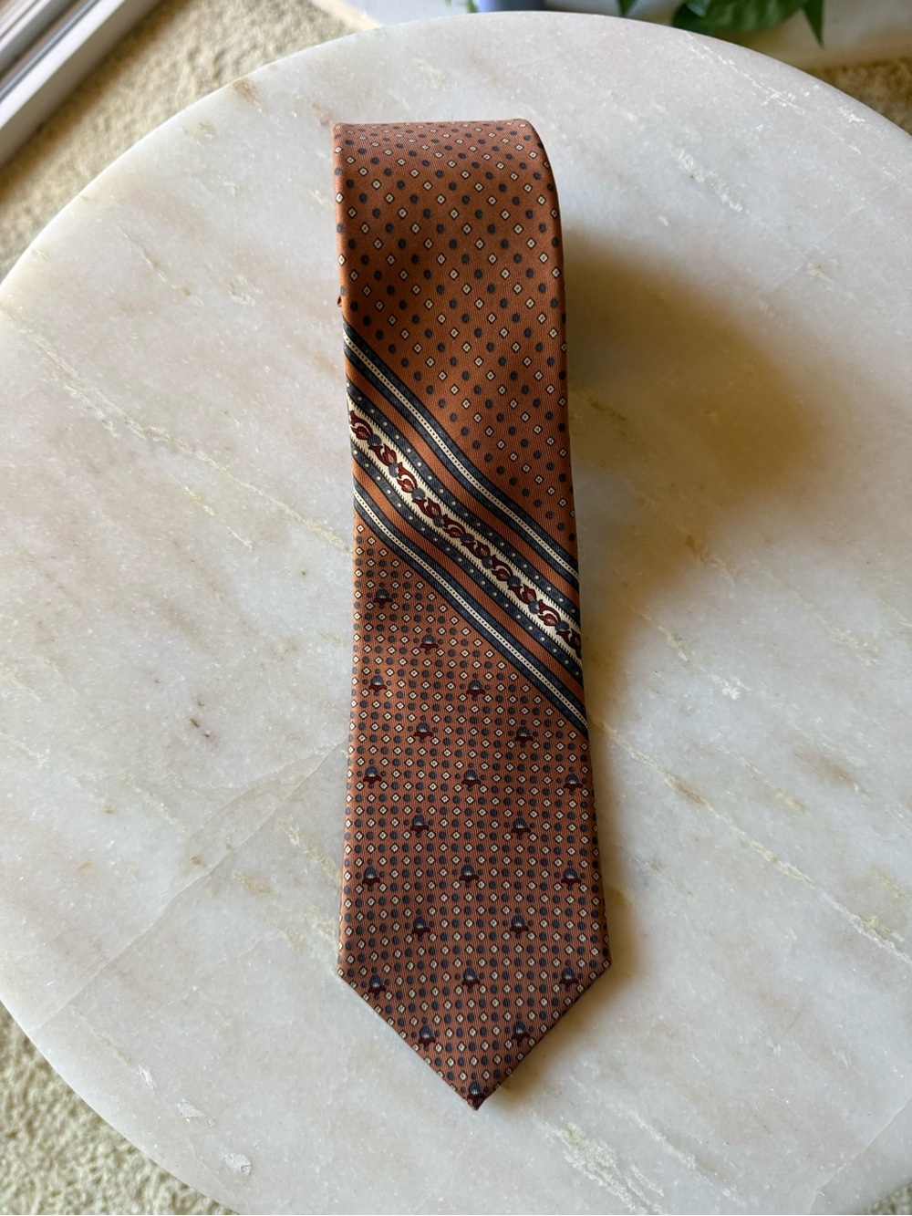 Yves Saint Laurent Brown Patterned Silk Tie with Diagonal Stripes